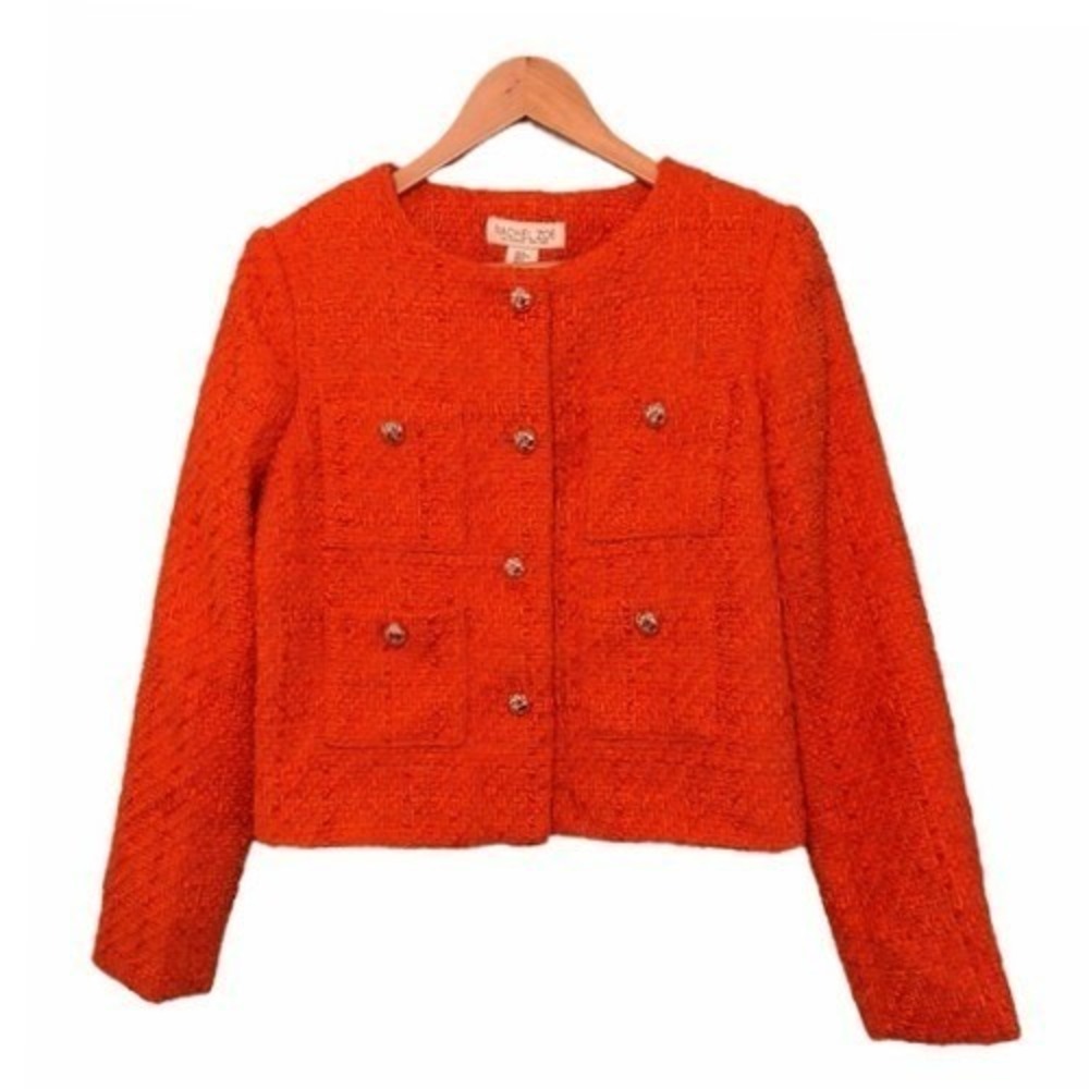 Rachel Zoe Orange Boucle Tweed Cropped Blazer Gold Basket Weave Button Front M - Picture 2 of 9